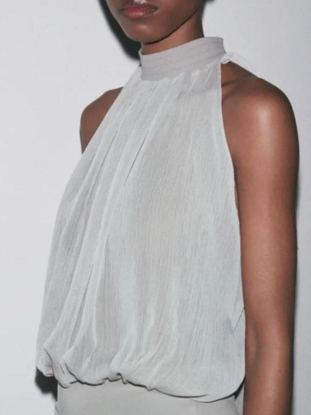 Zara light dove gray chiffon sheer body suit with long neck tie